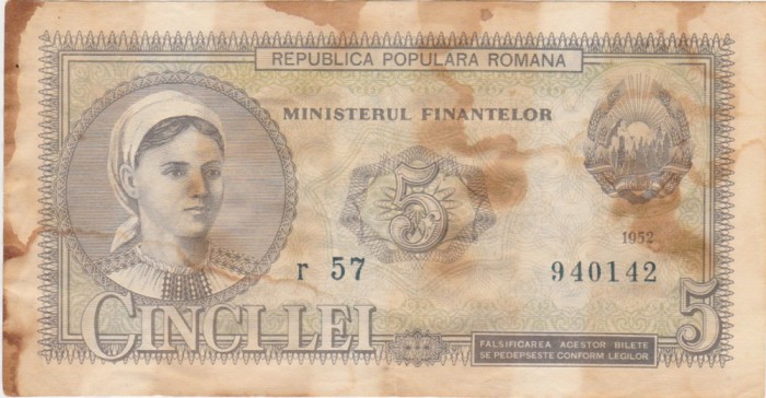 ROMANIA RPR 5 LEI 1952 aF