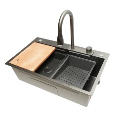 Chiuveta bucatarie multifunctionala, otel inoxidabil cu functie cascada, scurgator, tava, tocator si accesorii incluse, dimensiune 75x46x22cm foto