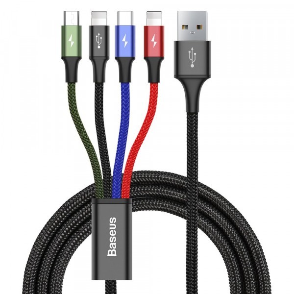 Cablu Incarcare USB-A - 2 x Lightning / microUSB / USB-C Baseus Rapid 4in1, 20W, 1.2m, Negru CA1T4-A01