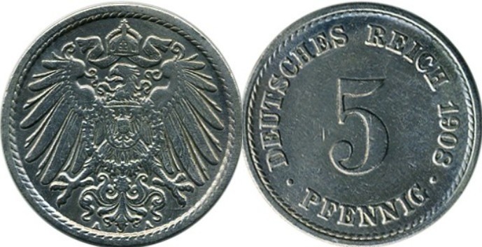 Germania 1906A - 5 pfennig, circulate