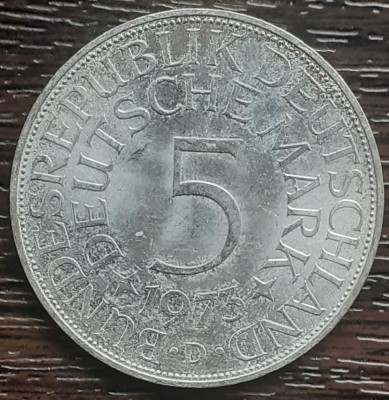 (A891) MONEDA DIN ARGINT GERMANIA - 5 MARK 1973, LIT D, 11,2 GRAME. PURITATE 625 foto