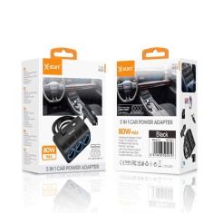Incarcator auto X-start 5 in 1 80W, 3 prize bricheta + 2 USB-A (A52)
