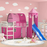 VidaXL Pat etajat de copii cu turn, roz, 90x200 cm, lemn masiv pin