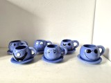 Lot 6 Cești Cafea/Espresso &bdquo;Funny Faces&rdquo; &ndash; Ceramică Albastră &ndash; Design Retro