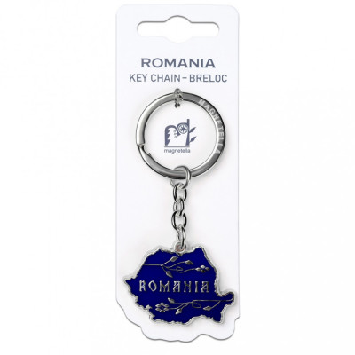 Breloc Romania, harta albastra, placare argintie, MB435 foto