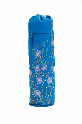 Geanta pentru Saltea Yoga Asteya Asteya din panza de bumbac 100% albastra, cu broderie Wild Flowers, 75x19cm foto