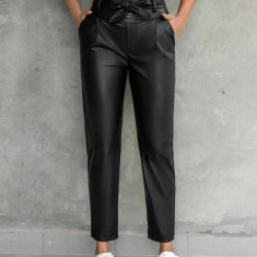 Pantaloni cu talie inalta si cordon, model piele, negru, dama