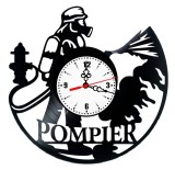 Ceas de perete decorativ &ldquo;Firefighters &ndash; Pompier&rdquo;, lucrat manual din disc de vinil (Vinyl Record), design eroi salvatori, Negru