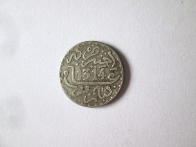 Rara! Maroc 1 Dirham 1314(1896) monedă argint monetăria Paris-Sultan Abdul Aziz foto