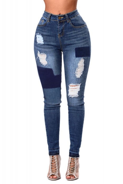 Q554-444 Blugi cu talie medie si buzunare si model decorativ