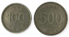 Coreea de Sud , lot 1 - 100 + 500 Won 1983 foto