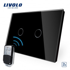 Intrerupator dublu wireless cu touch Livolo din sticla si telecomanda inclusa-standard italian, Negru foto