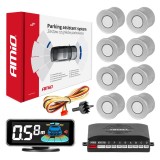 Senzori de parcare argintii fata spate cu afisaj LED 3D, 8 senzori, 12V DC, universali pentru majoritatea autoturismelor, AMiO