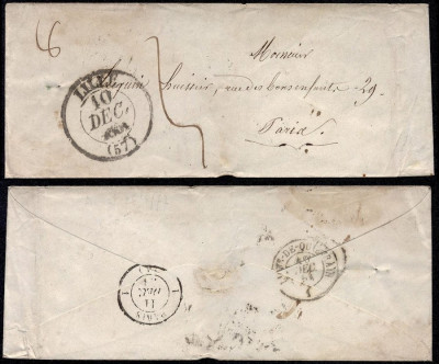 France 1856 Postal History Rare Stampless cover Lille to Paris D.773 foto