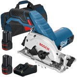 Bosch GKS 12V-26 + 1600A019R8 + 1619BZ0100 - Fierastrau circular 85x15 mm + Set 2 acumulatori si incarcator Li-Ion 12 V 2 Ah + Geanta textila