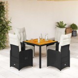 Set bistro de grădină cu perne, 5 piese, negru, poliratan