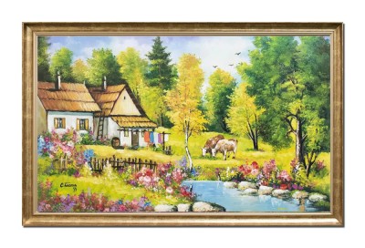 Tablou pictat manual inramat, Amintiri din copilarie, gospodarie, 110x70cm ulei pe panza, rama din lemn, Constantin Feraru foto