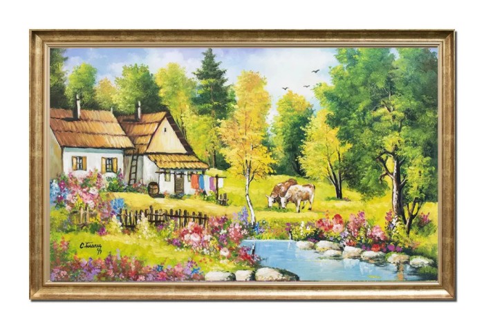 Tablou pictat manual inramat, Amintiri din copilarie, gospodarie, 110x70cm ulei pe panza, rama din lemn, Constantin Feraru