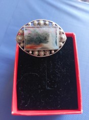 Brosa vintage argint cu agata moss foto