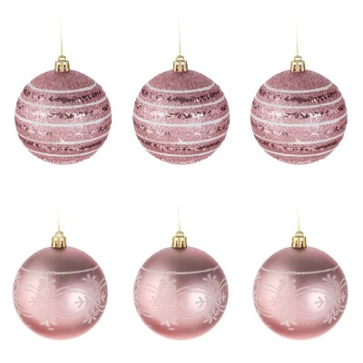 Set Globuri Crăciun, Model 6cm, Roz Mat și Lucios, Modele Albe Irizate, 6 Bucăți, Plastic foto