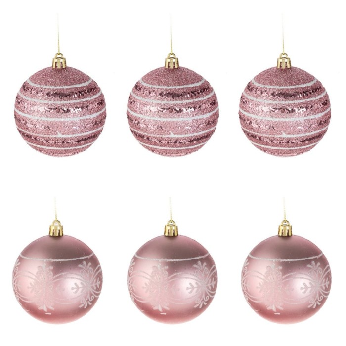 Set Globuri Crăciun, Model 6cm, Roz Mat și Lucios, Modele Albe Irizate, 6 Bucăți, Plastic