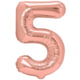 Balon din folie metalizata flippy, figurina cifra, tema aniversare 80 cm, ambalaj individual, pai inclus, umflare cu aer sau heliu, rose, cifra 5
