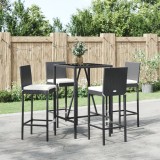 VidaXL Set mobilier bar de grădină cu perne, 5 piese, negru, poliratan