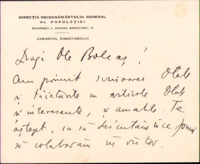 A414 Notă olografă Sabin Manuilă către Lucian Bolcaș, 1933 foto