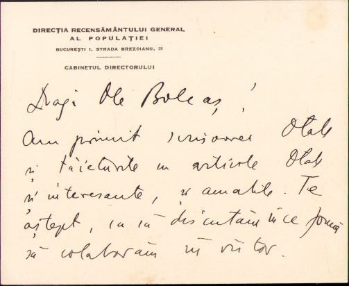A414 Notă olografă Sabin Manuilă către Lucian Bolcaș, 1933