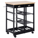 HOMCOM Cărucior de Bucătărie Multifuncțional din Lemn de Pin, 74x37x75 cm, Negru | Aosom Romania