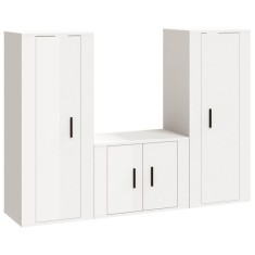Set comoda TV, 3 piese, alb extralucios, lemn prelucrat