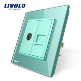 Cumpara ieftin Priza dubla TV si internet Livolo verde cu rama din sticla