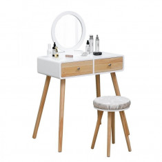 Masa de toaleta pentru machiaj cu oglinda si scaun, 2 sertare, lemn de pin, maro-alb foto