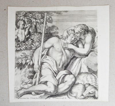 Annibale Carracci &amp;quot; Diana si Endymion&amp;quot; gravura veche sec 1657 foto