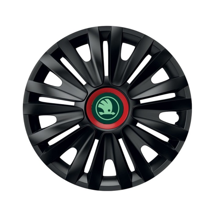 Set 4 Capace Roti pentru Skoda Nou Verde, model Royal Black Cu Inel Rosu, R14, SKODA