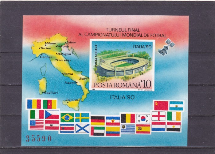ROMANIA 1990 LP1238 TURNEUL FINAL C. M. DE FOTBAL ITALIA COLITA NEDANTELATA MNH