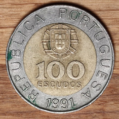 Portugalia - moneda de colectie bimetal - 100 escudos 1991 - impecabila !