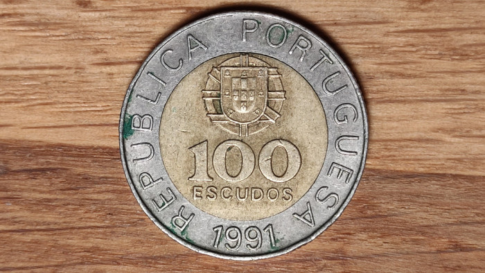 Portugalia - moneda de colectie bimetal - 100 escudos 1991 - impecabila !