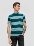 Cumpara ieftin Tricou barbati cu decolteu la baza gatului si imprimeu in dungi, Verde inchis, M