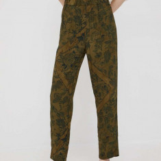 Sisley pantaloni femei, culoarea verde, drept, high waist