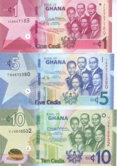 Bancnota Ghana 1. 5 si 10 Cedis 2019 - P45-47 UNC foto