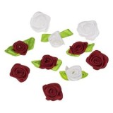 Set Trandafiri Textili Bordo și Albi, 10 bucăți, cu Frunze, CMCLASS