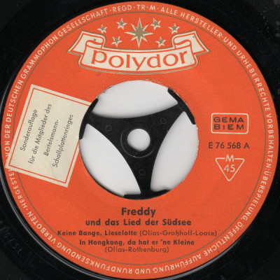 Disc Vinil 7# Freddy &amp;lrm;&amp;ndash; Freddy Und Das Lied Der S&amp;uuml;dsee- Polydor &amp;lrm;&amp;ndash; E 76 568 foto