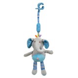 Jucarie cu sunet clink clink pentru carucior, din poliester si plastic, 34cm, albastru si gri, design elefant