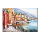 Tablou lacul Como pictat manual, Peisaj de poveste, colt de rai 100x70cm ulei pe panza in cutit efect 3D, Valentin Pop
