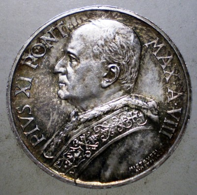 F.654 VATICAN PAPA PIUS IX 5 LIRE 1929 XF/AUNC ARGINT 10000ex. foto