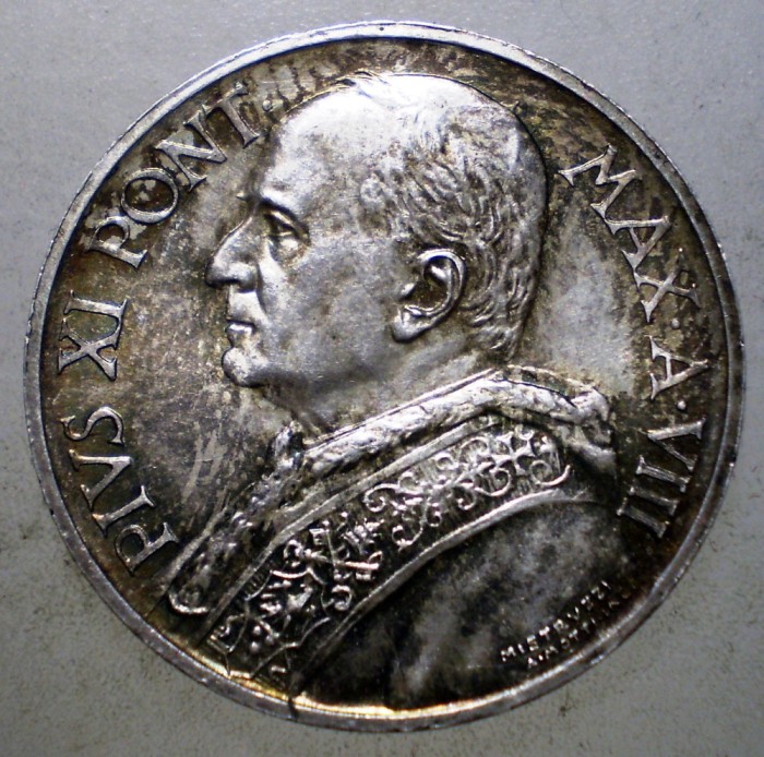 F.654 VATICAN PAPA PIUS IX 5 LIRE 1929 XF/AUNC ARGINT 10000ex.