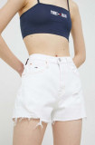 Tommy Jeans pantaloni scurti jeans femei, culoarea alb, neted, high waist