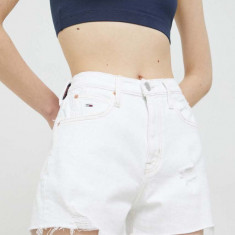 Tommy Jeans pantaloni scurti jeans femei, culoarea alb, neted, high waist