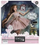 Papusa de jucarie Emily, rochita roz, accesorii, inaltime 29 cm